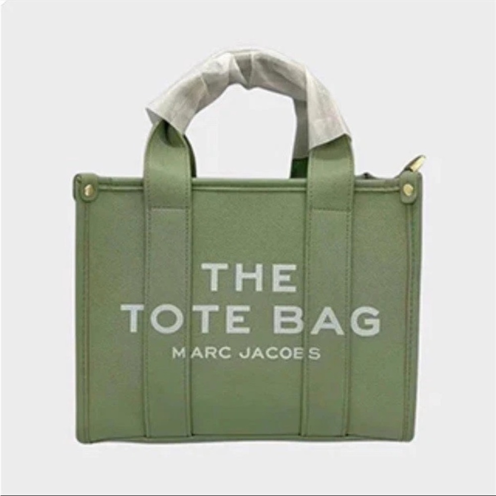 Marc Jacobs Leather Tote Bag in Olive Green with White Logo